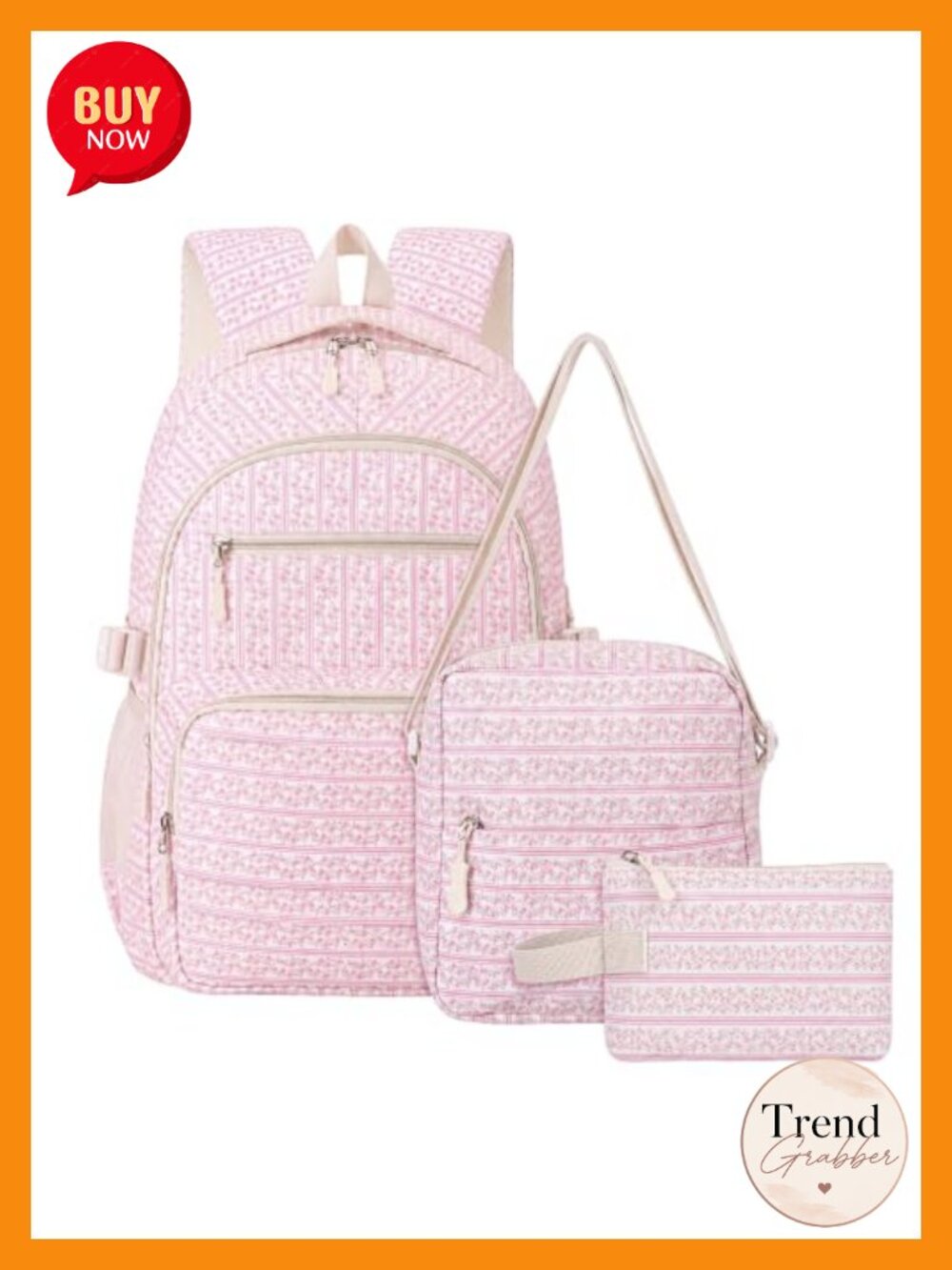 Vintage Floral 3-Piece Backpack Set Nylon with Crossbody & Makeup Pouch